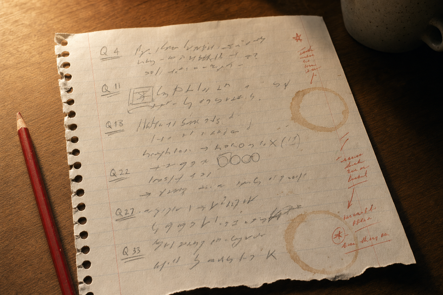 A torn spiral-notebook page with handwritten error log entries Q4 through Q33, coffee ring stains, and handwritten margin notes in red pencil