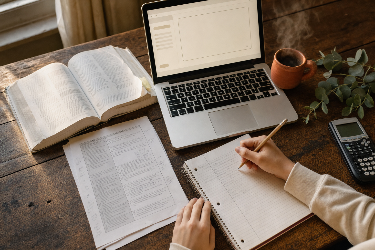 A student writing in a spiral notebook beside an open ACT prep book and a laptop showing the Kit's interface