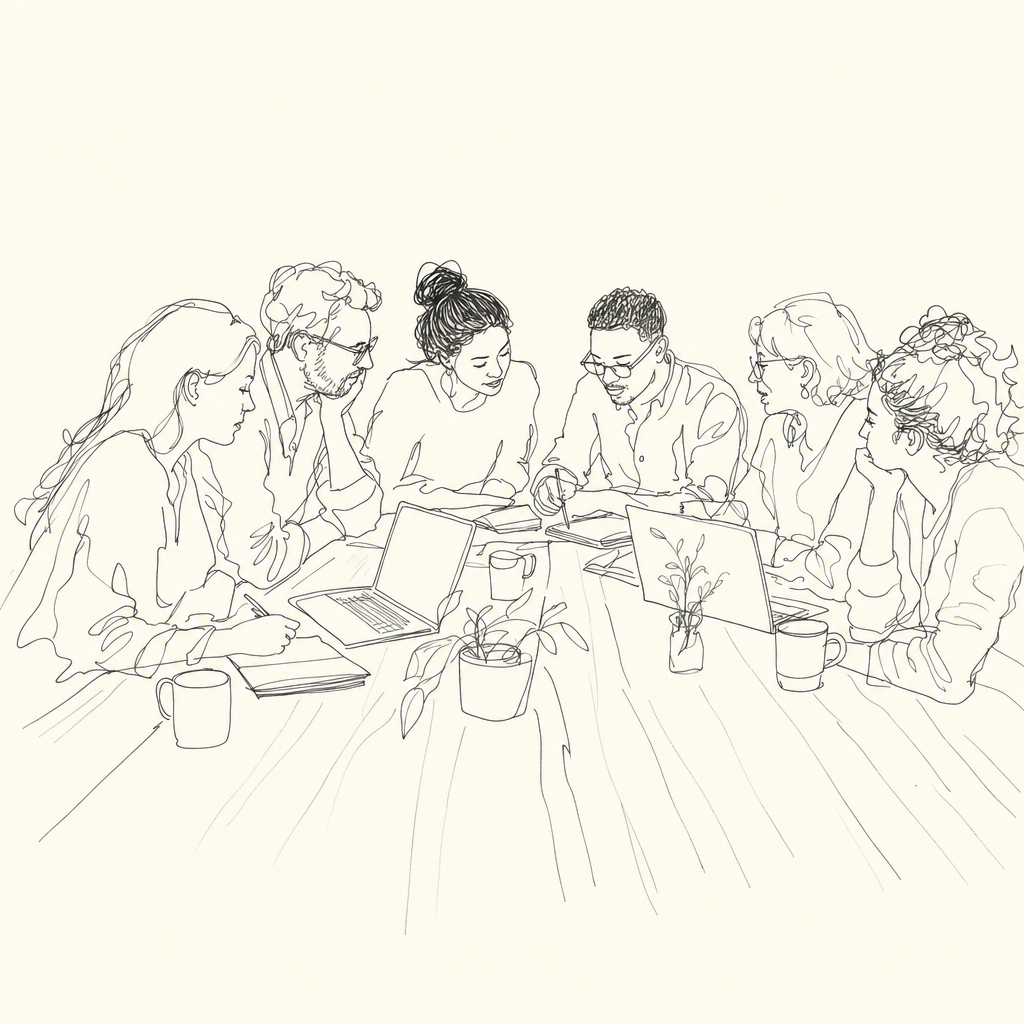 Pen-line editorial sketch of six Soft Tech Community members working together around a long wooden table with laptops, notebooks, mugs, and a small plant