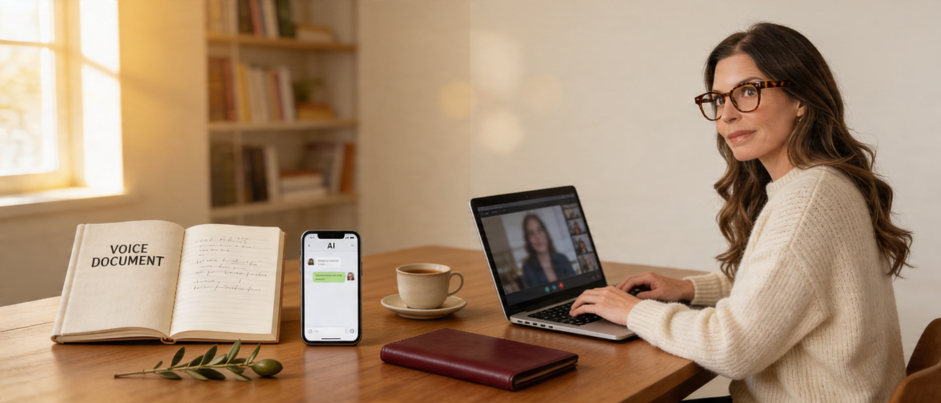 Jennie on a 1:1 Soft Tech session — laptop video call open, voice document notebook, phone with AI chat, coffee on a warm wood desk