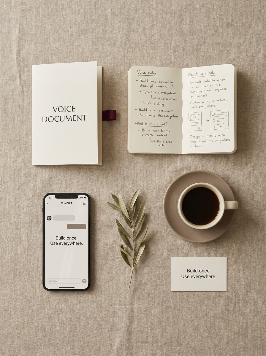The AI System Kit laid out: Voice Doc, open notebook with handwritten notes, phone showing Build once. Use everywhere., olive sprig, and ceramic coffee cup