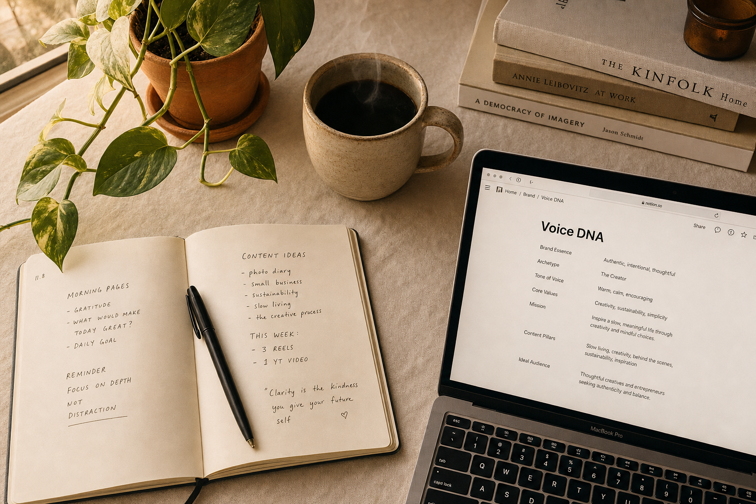 A working desk in morning light — coffee, notebook, plant, Notion open to the Voice DNA page