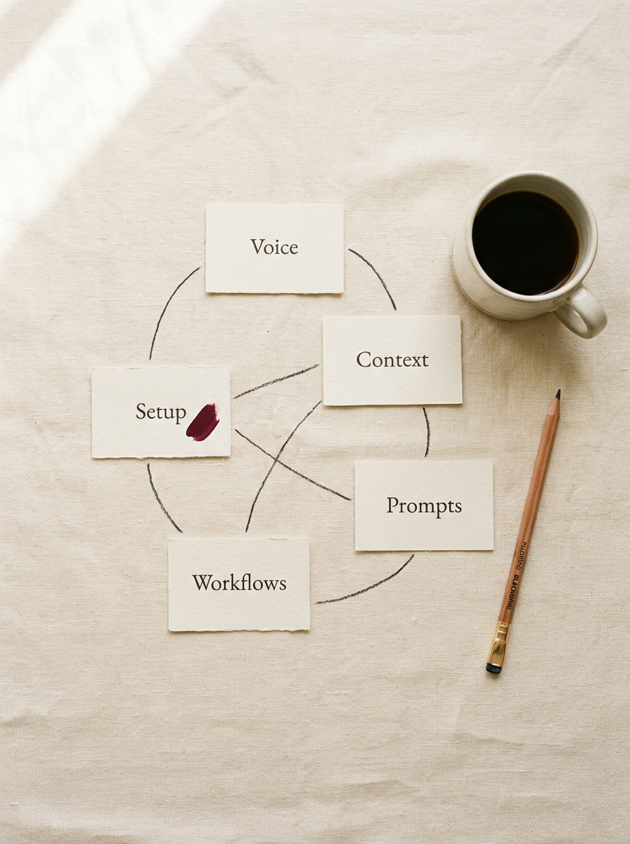 Five labeled cards arranged in a circle on warm linen: Voice, Context, Prompts, Workflows, Setup — connected by ink lines, with a burgundy wax seal, pencil, and coffee cup