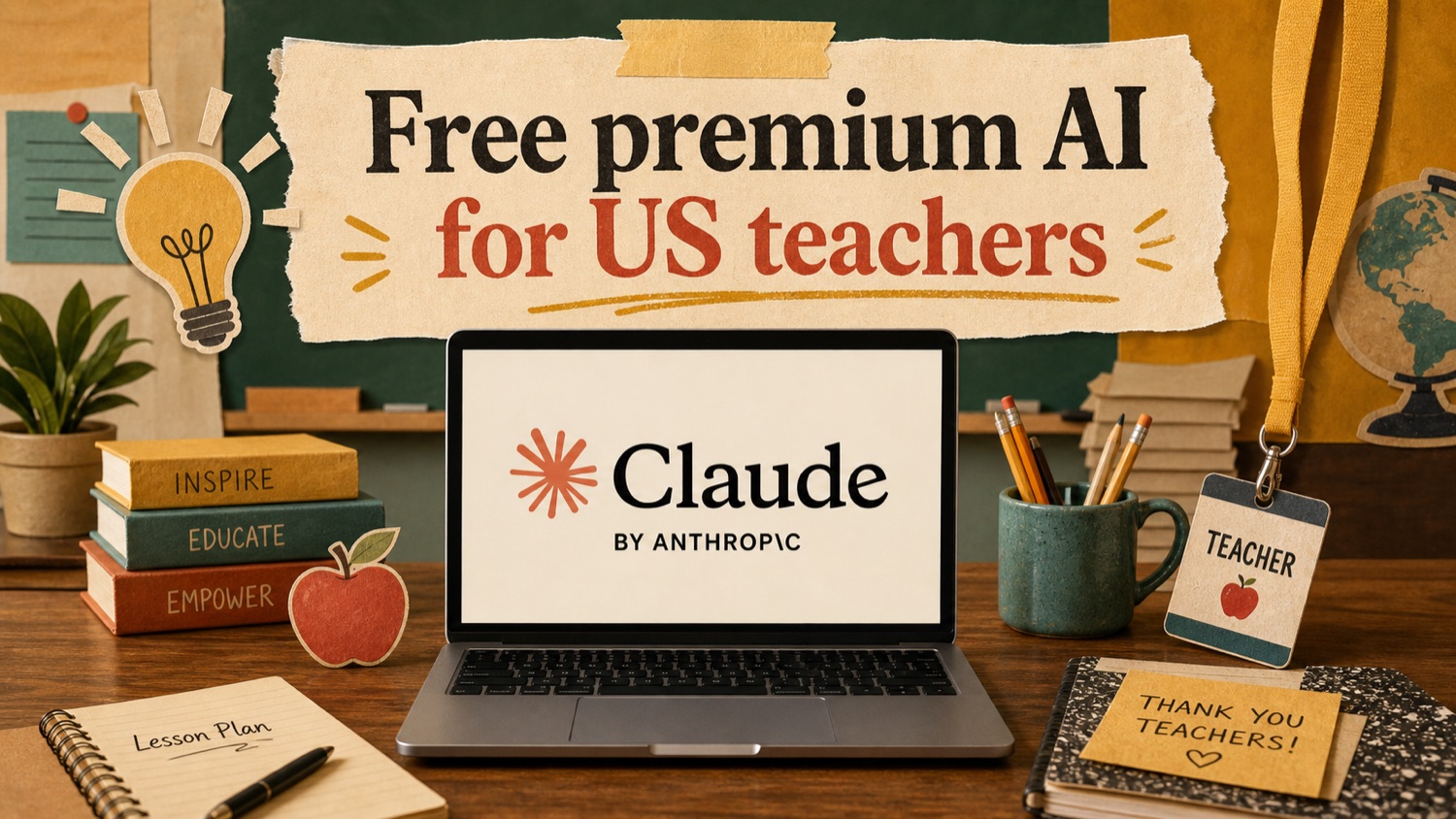 Free premium AI for US teachers — Claude by Anthropic on a teacher's desk