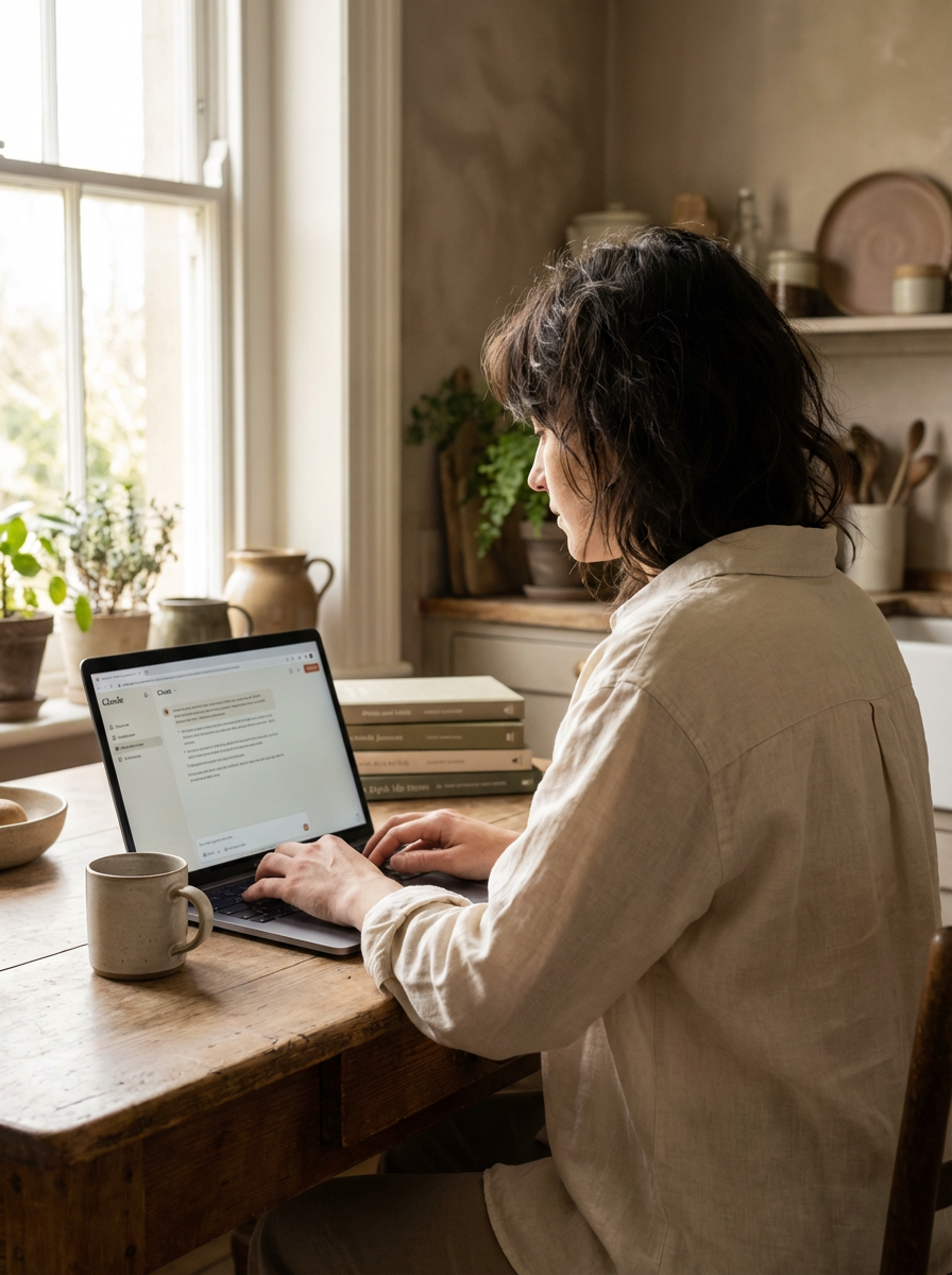 A woman in a linen shirt working at a kitchen table, laptop open with an AI interface on screen, warm morning light from a window, ceramic coffee mug beside her